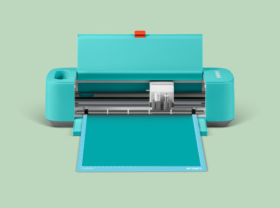 Front view of an opened LOKLiK Crafter with blue cutting mat and tiffany blue permanent adhesive vinyl.